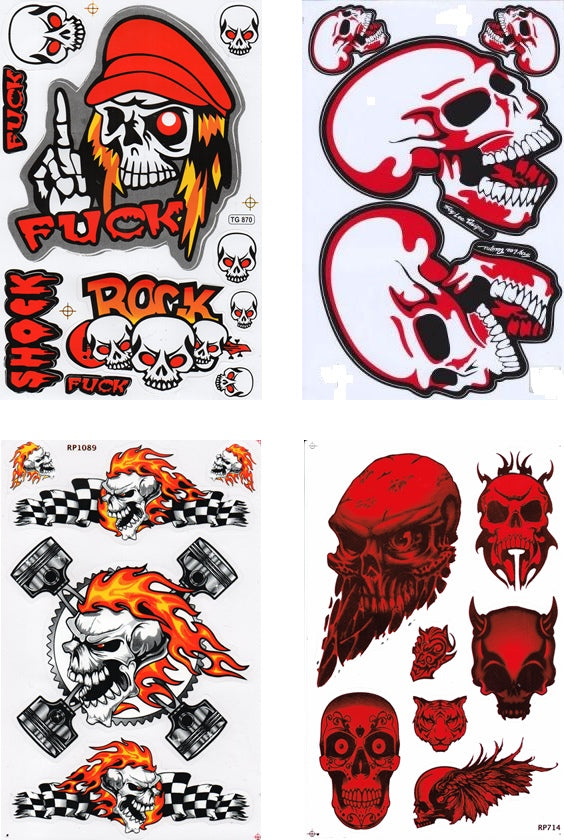 4 Bogen Promotion Set Totenkopf Pirat Sensemann Aufkleber Sticker Motorrad Moped Roller Skateboard Auto Tuning Modellbau selbstklebend