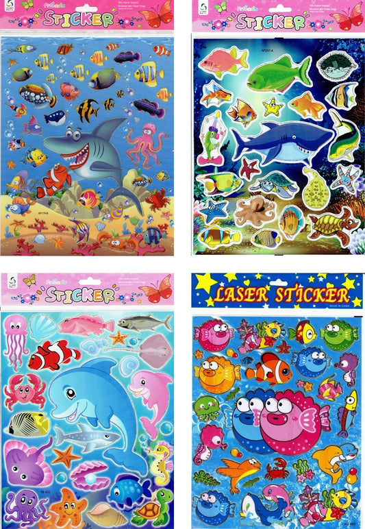 4 Bogen Promotion Fische hai Delfin krake Aufkleber Sticker für Kinder Basteln Kindergarten Geburtstag