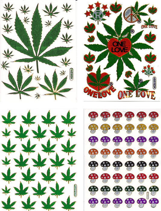 4 Bogen Promotion Set Cannabis Gras Weed Aufkleber Sticker metallic Glitzer Effekt Schule Kinder Basteln Kindergarten