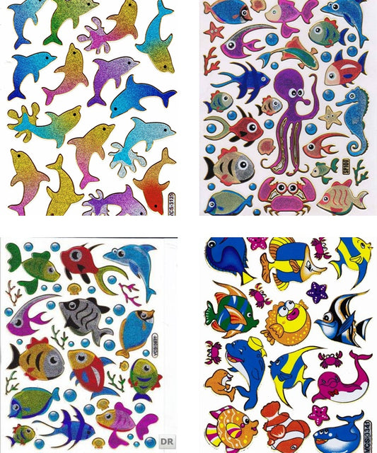 4 Bogen Promotion Set krake Fische Delfin Aufkleber Sticker metallic Glitzer Effekt Schule Kinder Basteln Kindergarten