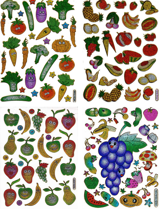 4 Bogen Promotion Set Gemüse Früchte Obst Aufkleber Sticker metallic Glitzer Effekt Schule Kinder Basteln Kindergarten
