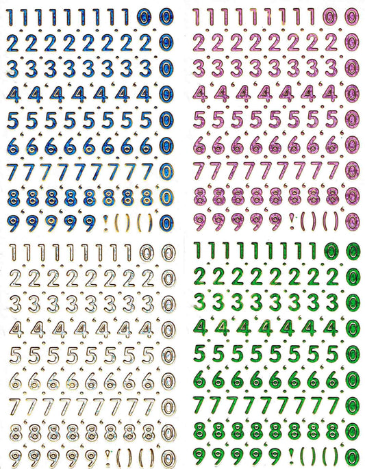 4 Bogen Promotion Set Nummern Zahlen bunt Aufkleber Sticker metallic Glitzer Effekt Schule Kinder Basteln Kindergarten