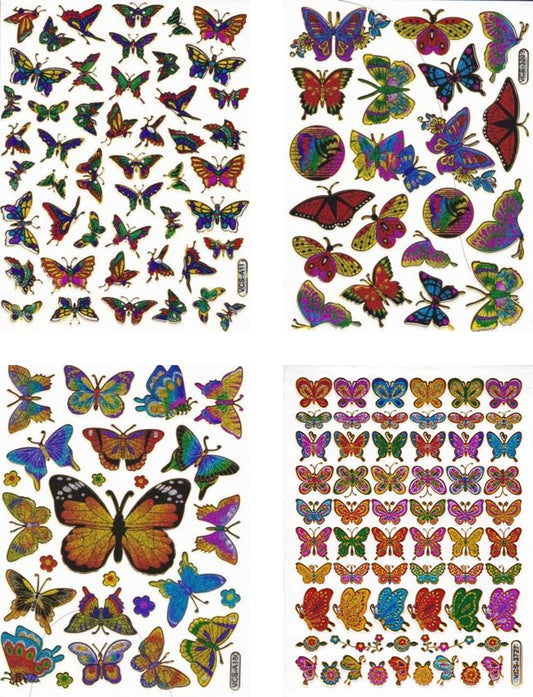 4 Bogen Promotion Set Schmetterlinge Insekten Tiere Aufkleber Sticker metallic Glitzer Effekt Schule Kinder Basteln Kindergarten