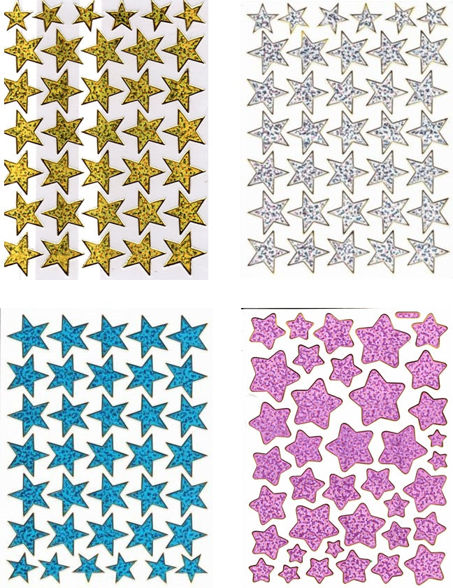 4 Bogen Promotion Set Sterne Stern bunt Aufkleber Sticker metallic Glitzer Effekt Schule Kinder Basteln Kindergarten