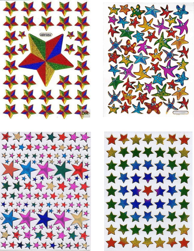 4 Bogen Promotion Set Stern Sterne bunt Aufkleber Sticker metallic Glitzer Effekt Schule Kinder Basteln Kindergarten