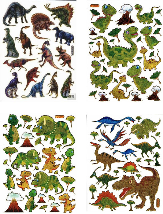 4 Bogen Promotion Set Dino Dinosaurier T-Rex Raptor Tiere Aufkleber Sticker metallic Glitzer Effekt Schule Kinder Basteln Kindergarten