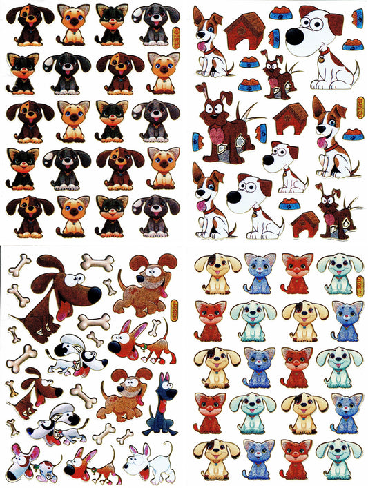 4 Bogen Promotion Set Hunde Welpen Tiere Aufkleber Sticker metallic Glitzer Effekt Schule Kinder Basteln Kindergarten