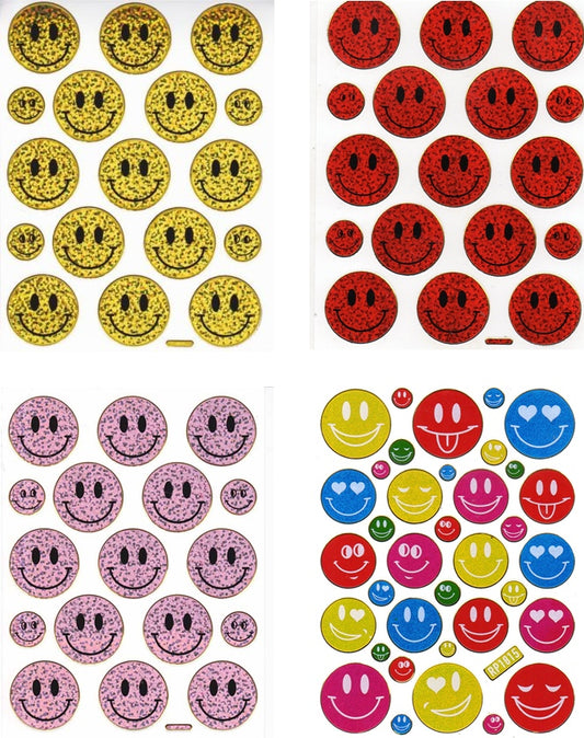 4 Bogen Promotion Set Smiley Smilies bunt Aufkleber Sticker metallic Glitzer Effekt Schule Kinder Basteln Kindergarten