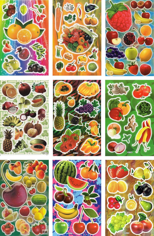 ENSEMBLE D'ÉPARGNE 9 FEUILLES Fruits Légumes Autocollants Autocollants pour Enfants Artisanat Maternelle Anniversaire S38