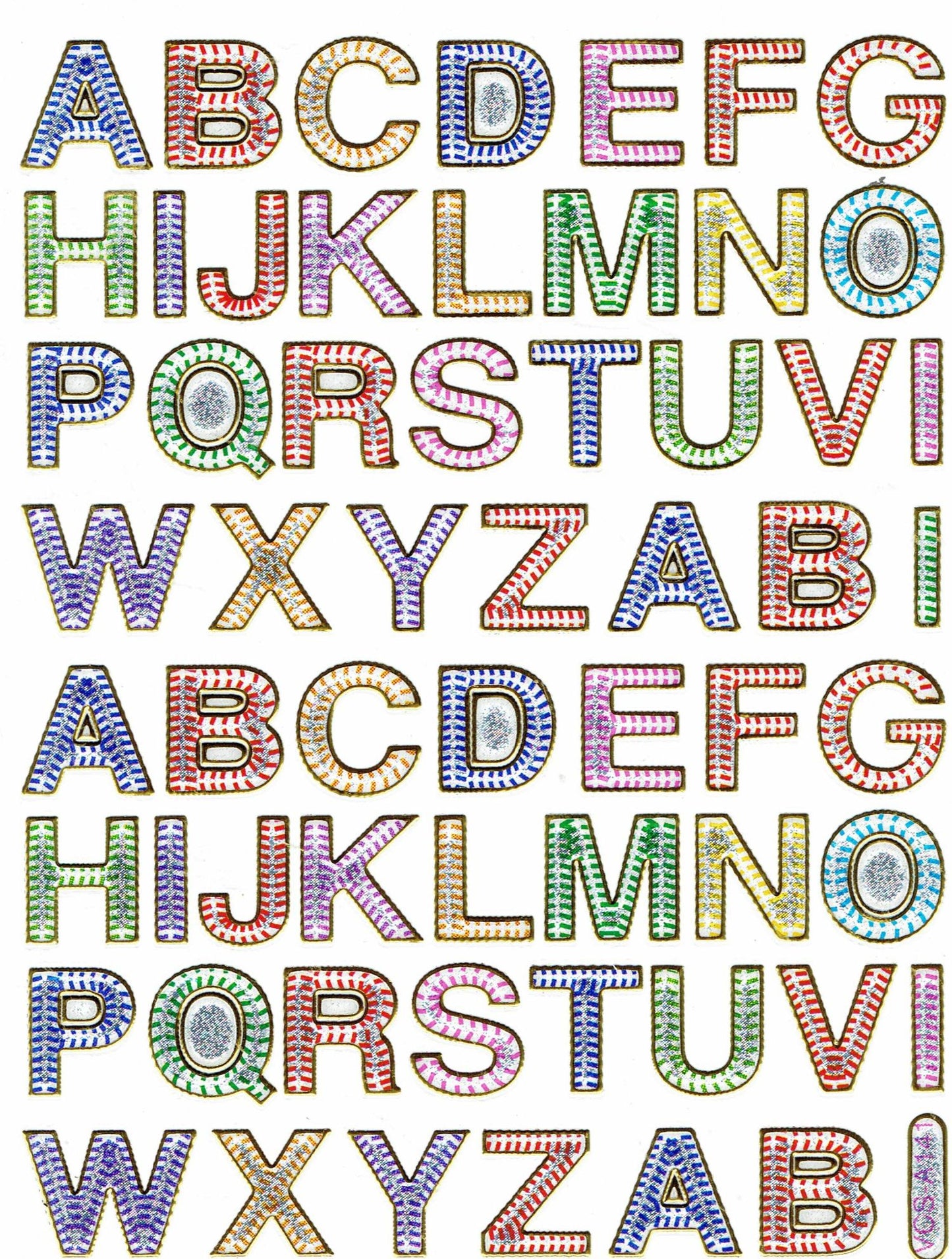Buchstaben ABC bunt Höhe 14 mm Aufkleber Sticker metallic Glitzer Effekt Schule Büro Ordner Kinder Basteln Kindergarten 1 Bogen 003