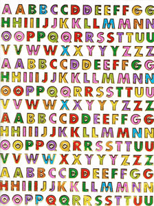 Buchstaben ABC bunt Höhe 7 mm Aufkleber Sticker metallic Glitzer Effekt Schule Büro Ordner Kinder Basteln Kindergarten 1 Bogen 061
