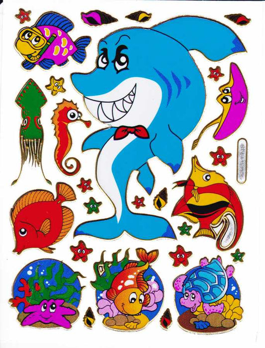 Hai Fisch Fisches Meeresbewohner Wassertiere Tiere bunt Aufkleber Sticker metallic Glitzer Effekt für Kinder Basteln Kindergarten Geburtstag 1 Bogen 077