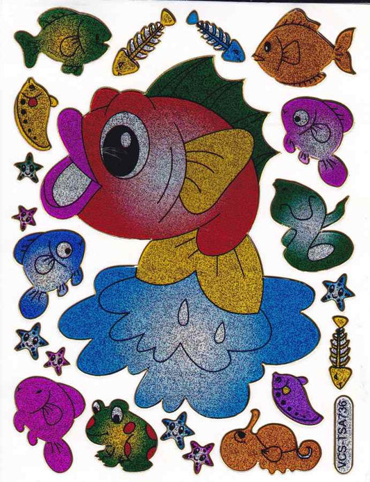 Fish Sea creatures Aquatic animals Colorful stickers Metallic glitter effect for children's crafts Kindergarten Birthday 1 sheet 104