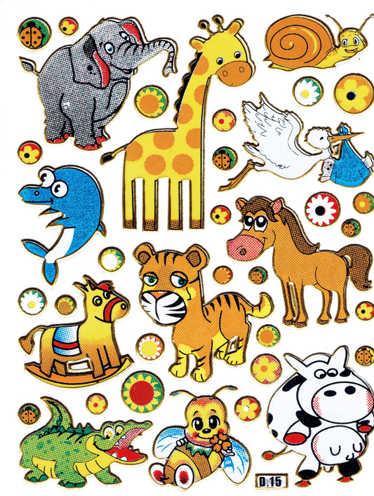 Giraffe, elephant, dolphin, colorful animals, stickers, metallic glitter effect, children's handicrafts, kindergarten, 1 sheet, 110