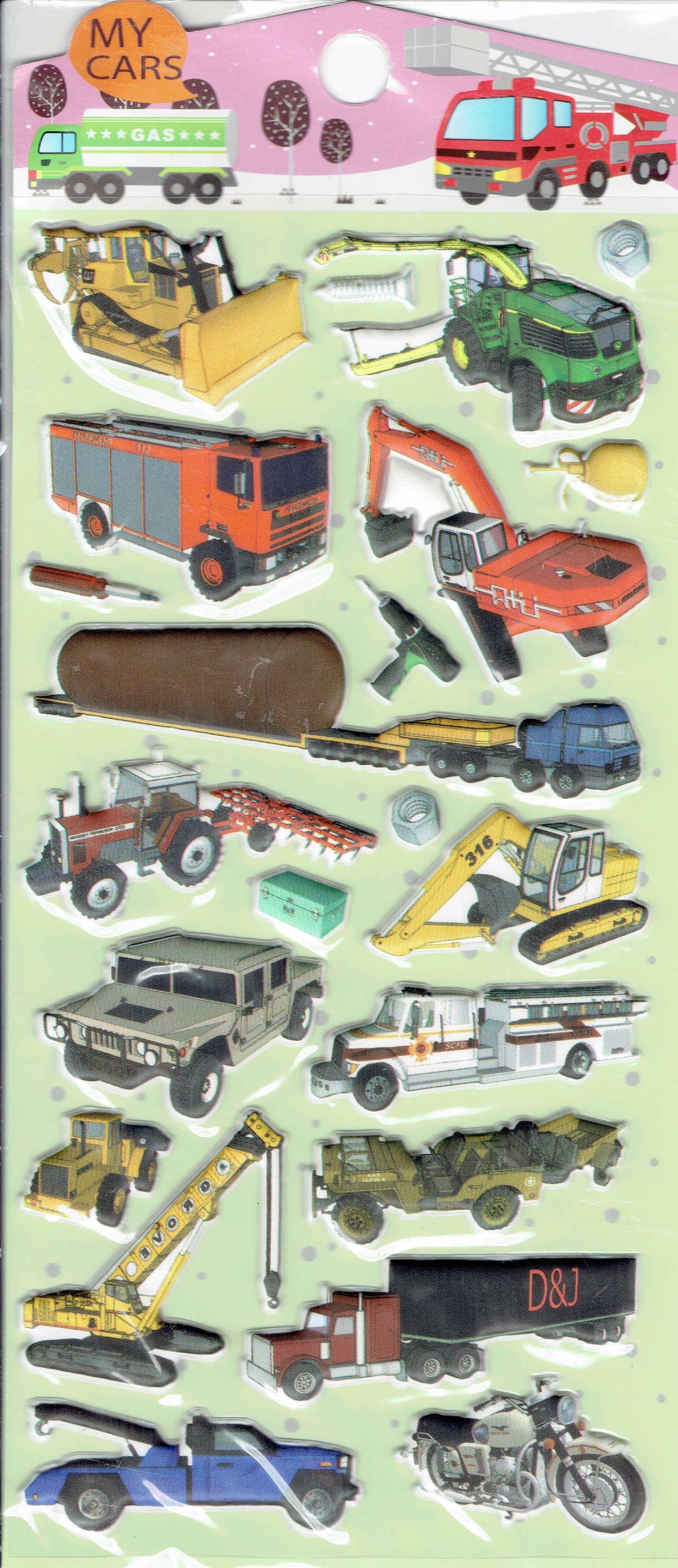 3D fire truck bus excavator crane animal stickers for children crafts kindergarten birthday 1 sheet 128
