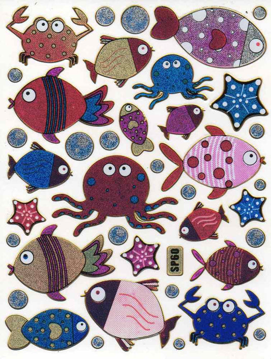 Poissons Créatures marines Animaux aquatiques Autocollants colorés Effet scintillant métallique pour l'artisanat des enfants Maternelle Anniversaire 1 feuille 134