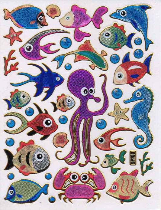 Fish Fish sea creatures aquatic animals animals colorful stickers metallic glitter effect for children crafts kindergarten birthday 1 sheet 140