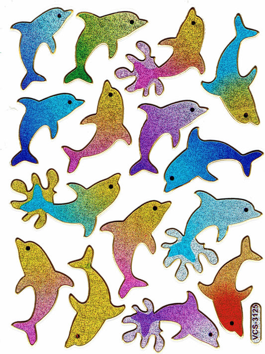 Dolphins, fish, sea creatures, aquatic animals, animals, colorful stickers, metallic glitter effect, for children's crafts, kindergarten, birthday, 1 sheet 194