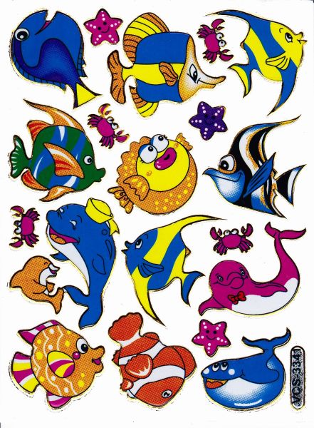 Fish Sea creatures Aquatic animals Colorful stickers Metallic glitter effect for children's crafts Kindergarten Birthday 1 sheet 194