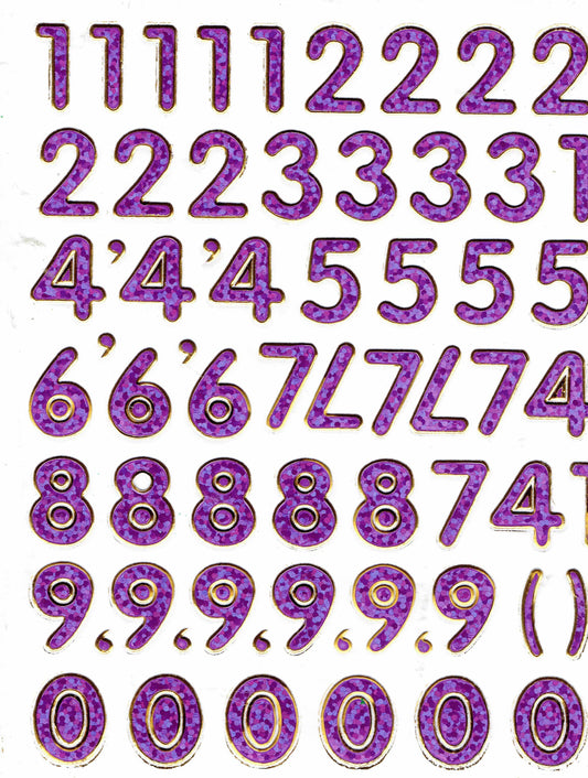Numéros numéros violet 123 hauteur 14 mm autocollant autocollant métallisé paillettes effet école bureau dossier enfants artisanat maternelle 1 feuille 196