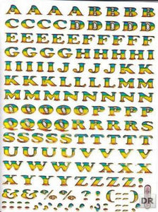 Buchstaben ABC bunt Höhe 7 mm Aufkleber Sticker metallic Glitzer Effekt Schule Büro Ordner Kinder Basteln Kindergarten 1 Bogen 221