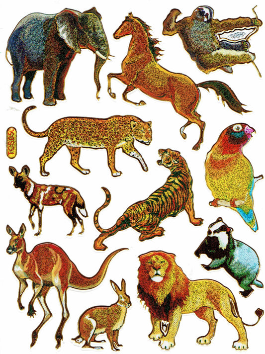 Lion, elephant, horse, colorful animals, stickers, metallic glitter effect, children's handicrafts, kindergarten, 1 sheet 241