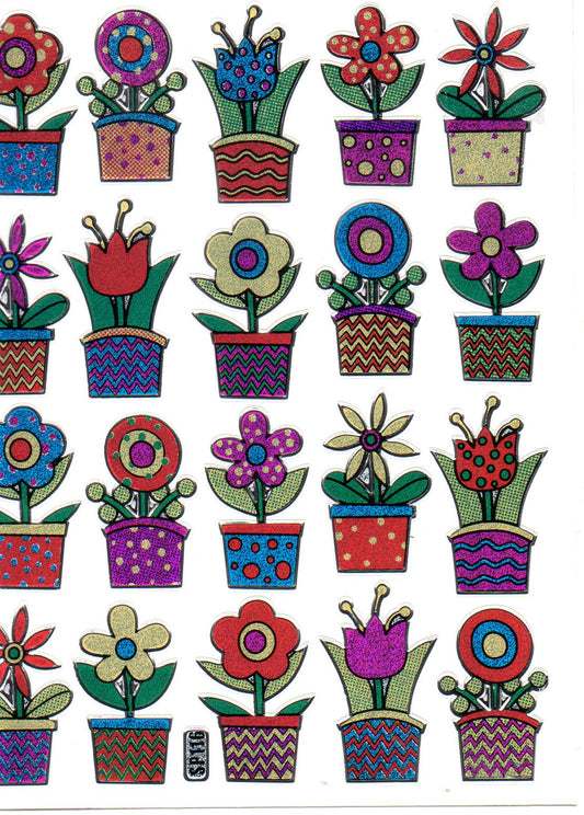 Fleurs en pot, fleurs, stickers colorés, effet pailleté métallisé, bricolage enfant, maternelle, 1 feuille de 250