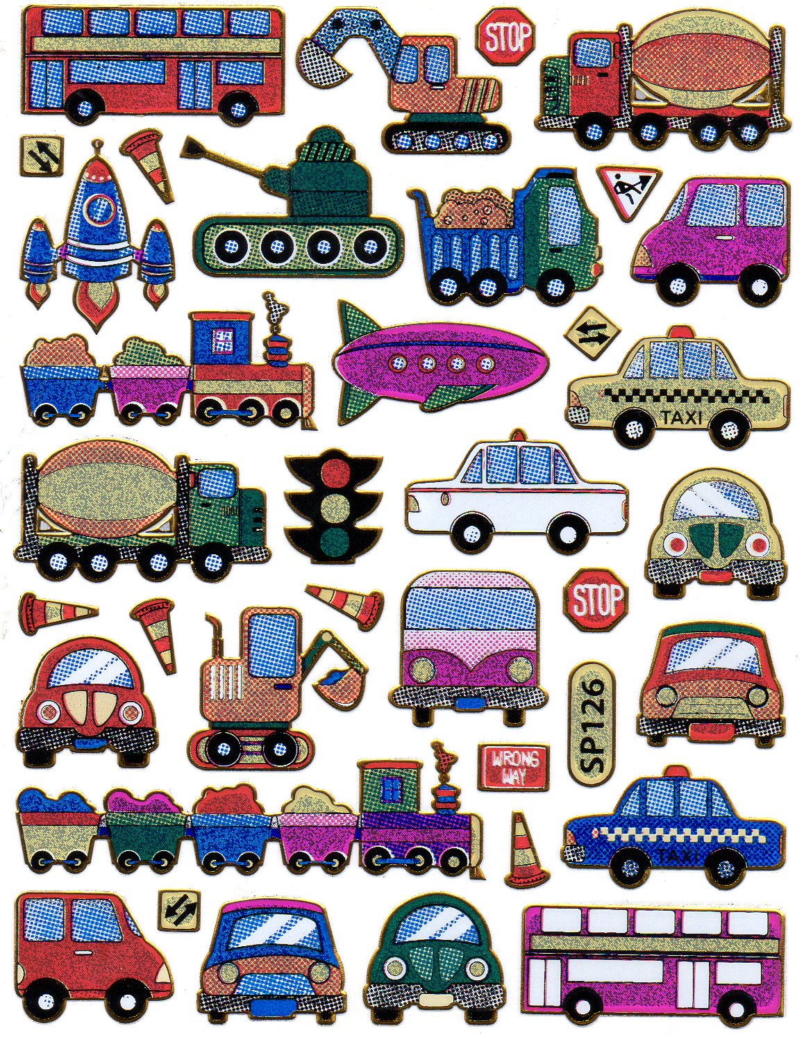 Car crane scooter taxi bus decal sticker metallic glitter effect school children crafts kindergarten 1 sheet 277