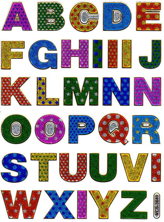 Buchstaben ABC bunt Höhe 17 mm Aufkleber Sticker metallic Glitzer Effekt Schule Büro Ordner Kinder Basteln Kindergarten 1 Bogen 285