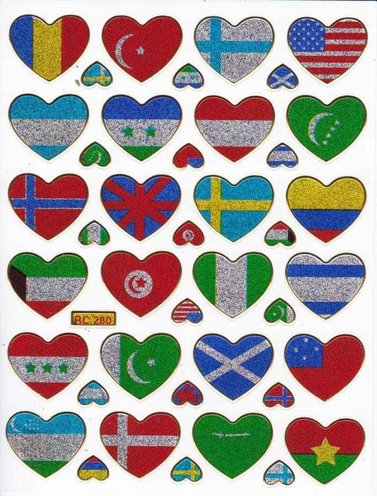Flags Europe heart hearts colorful love sticker metallic glitter effect for children crafts kindergarten birthday 1 sheet 338