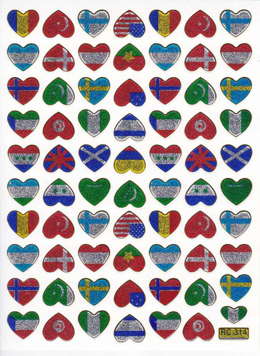 Flags Europe heart hearts colorful love sticker metallic glitter effect for children crafts kindergarten birthday 1 sheet 339