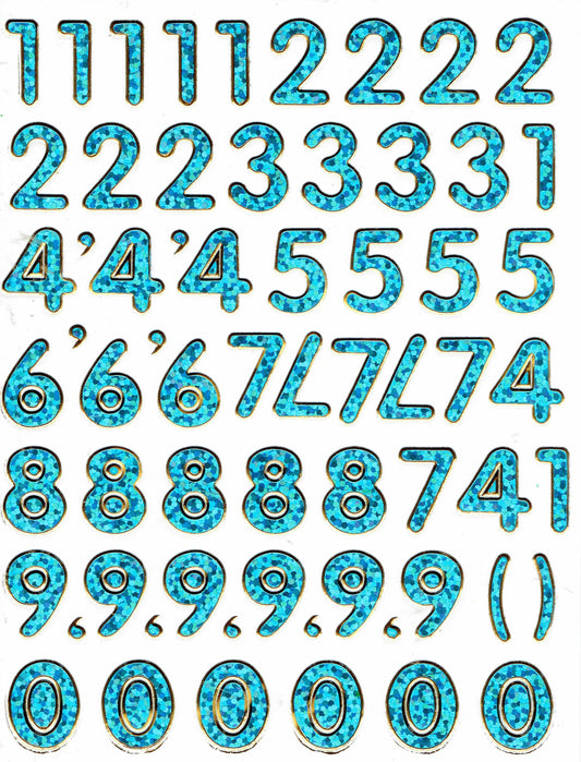 Numéros numéros bleu 123 hauteur 14 mm autocollant autocollant métallisé paillettes effet école bureau dossier enfants artisanat maternelle 1 feuille 345