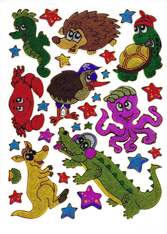 Hedgehog, octopus, turtle, colorful animals, stickers, metallic glitter effect, children's handicrafts, kindergarten, 1 sheet 346