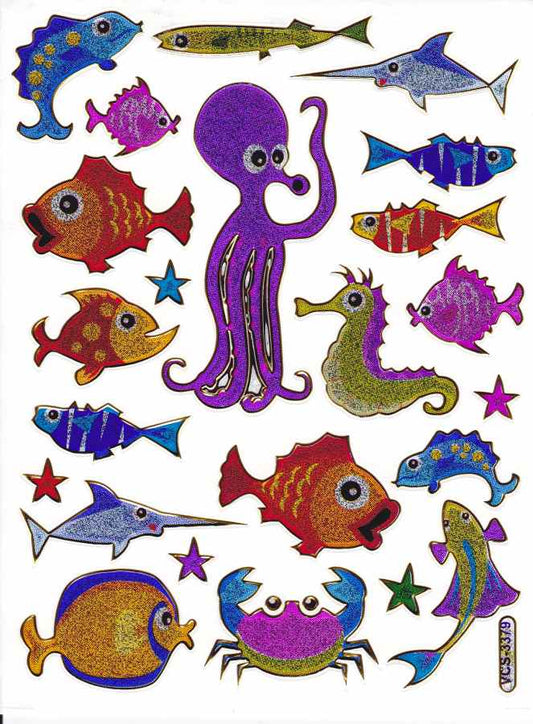 Poissons Créatures marines Animaux aquatiques Autocollants colorés Effet scintillant métallique pour l'artisanat des enfants Maternelle Anniversaire 1 feuille 350
