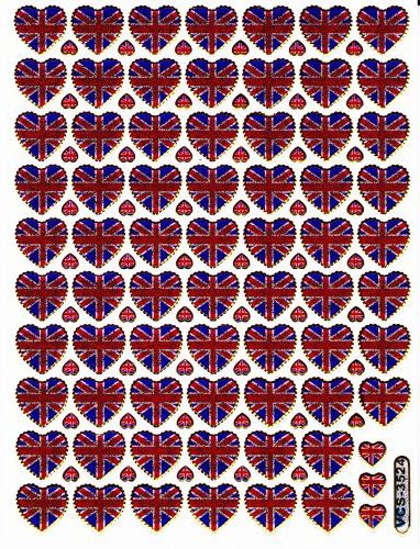 Drapeaux Grande-Bretagne Royaume-Uni Union Jack Angleterre coeur coeurs autocollants d'amour colorés effet de paillettes métalliques pour enfants artisanat maternelle anniversaire 1 feuille 360