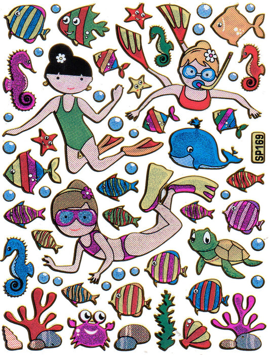 Fish fish sea creatures animals colorful stickers stickers metallic glitter effect children's craft kindergarten 1 sheet 370