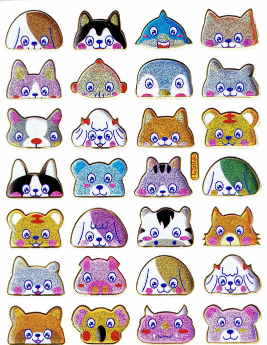 Animal heads, bear, cat, hunt, colorful animals, stickers, metallic glitter effect, children's handicrafts, kindergarten, 1 sheet 371