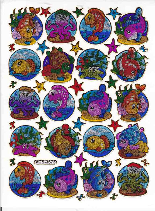 Fish Sea creatures Aquatic animals Colorful stickers Metallic glitter effect for children's crafts Kindergarten Birthday 1 sheet 379