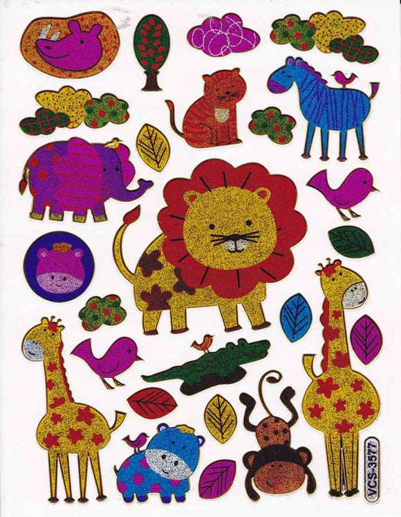 Löwe Zebra Giraffe bunt Tiere Aufkleber Sticker metallic Glitzer Effekt Kinder Basteln Kindergarten 1 Bogen 383