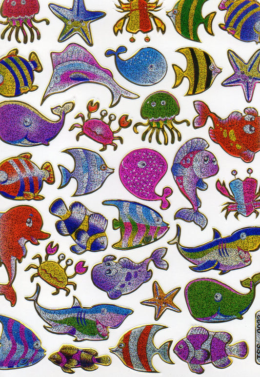 Fish Sea creatures Aquatic animals Colorful stickers Metallic glitter effect for children's crafts Kindergarten Birthday 1 sheet 387