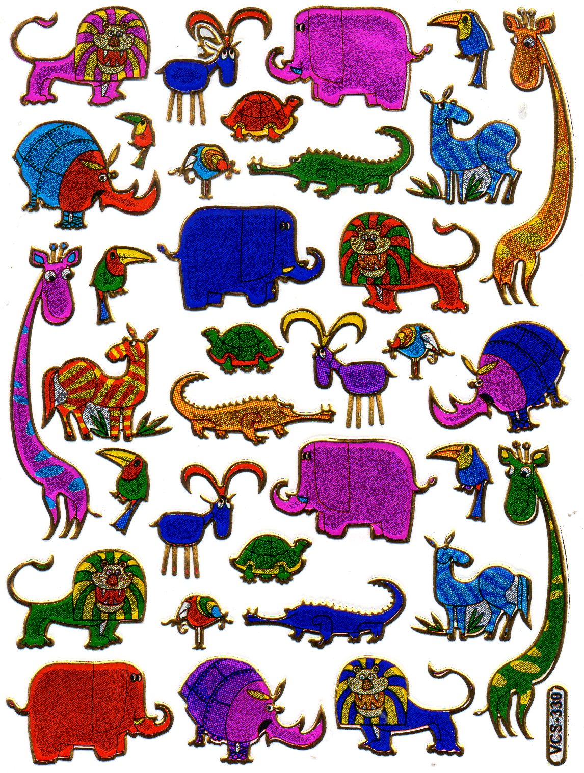 Giraffe, elephant, zebra, colorful animals, stickers, metallic glitter effect, children's handicrafts, kindergarten, 1 sheet 403