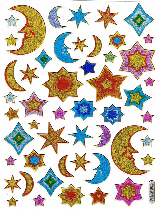 Lune croissant étoiles étoile autocollant coloré effet de paillettes métalliques pour enfants artisanat maternelle anniversaire 1 feuille 406