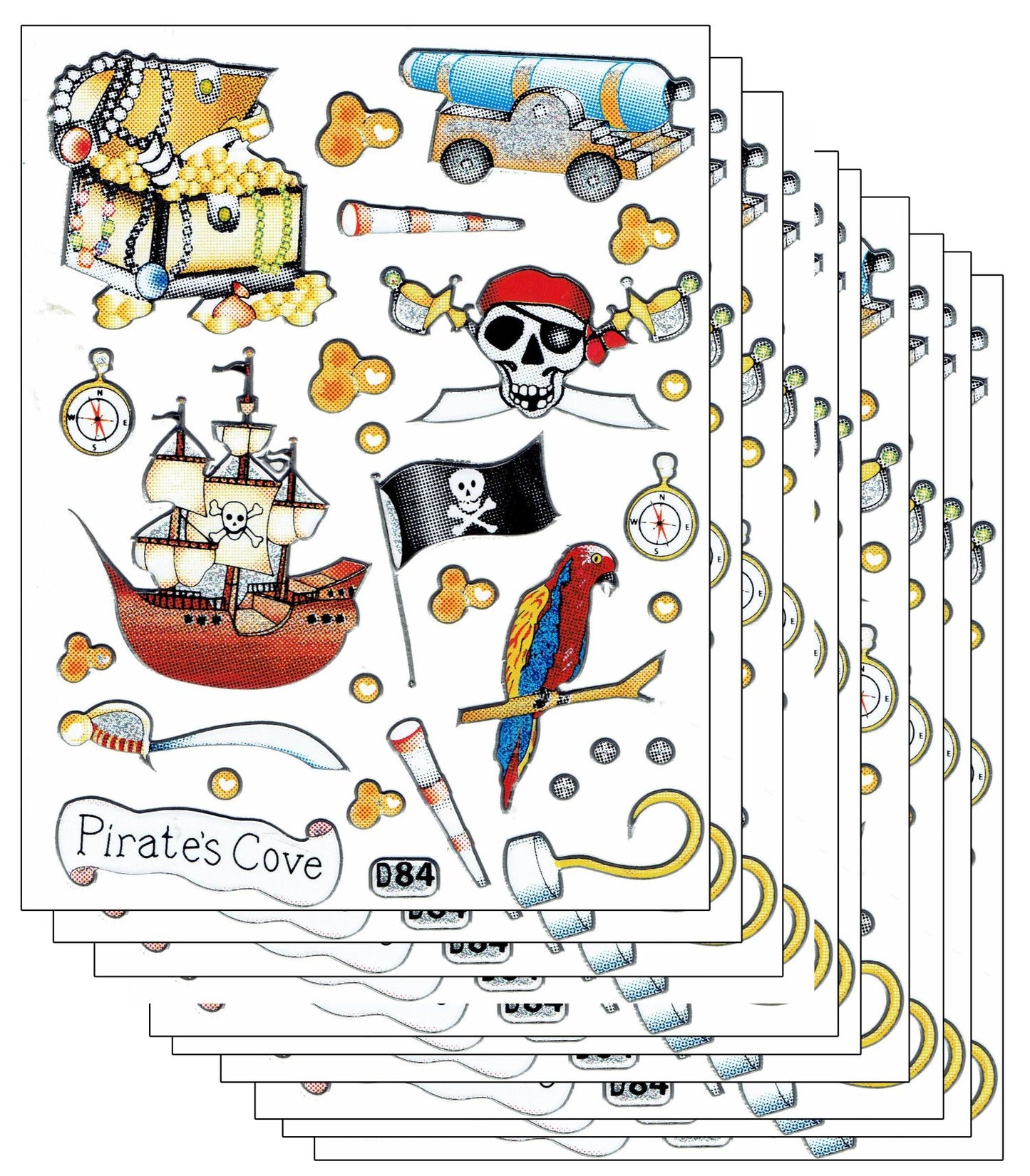 10ER Vorteilsangebot Piraten Schatzkiste Aufkleber Sticker metallic Glitzer Effekt für Kinder Basteln Kindergarten Geburtstag 10 Bogen 474