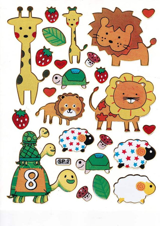 Giraffe, lion, sheep, colorful animals, stickers, metallic glitter effect, children's handicrafts, kindergarten, 1 sheet 497