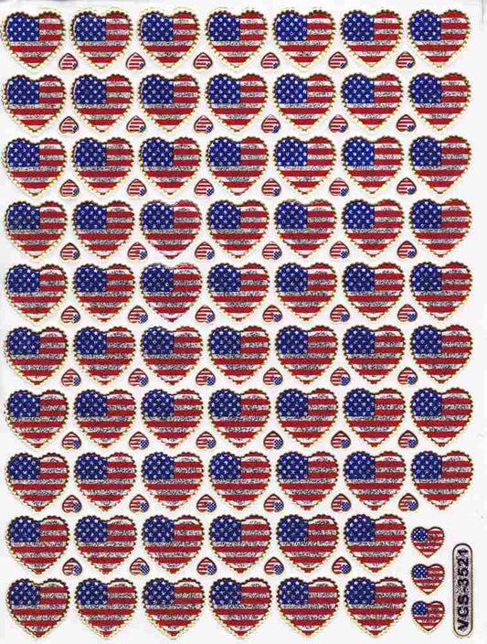 Flags USA America heart hearts colorful love sticker metallic glitter effect for children crafts kindergarten birthday 1 sheet 506
