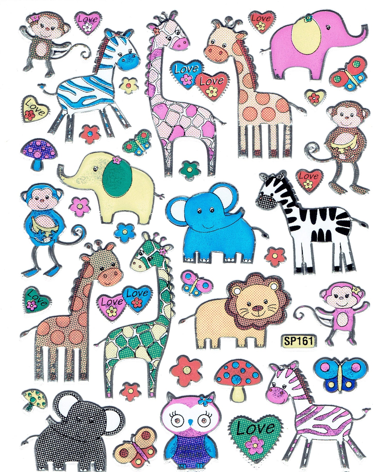 Giraffe Elefant Zebra bunt Tiere Aufkleber Sticker metallic Glitzer Effekt Kinder Basteln Kindergarten 1 Bogen 533