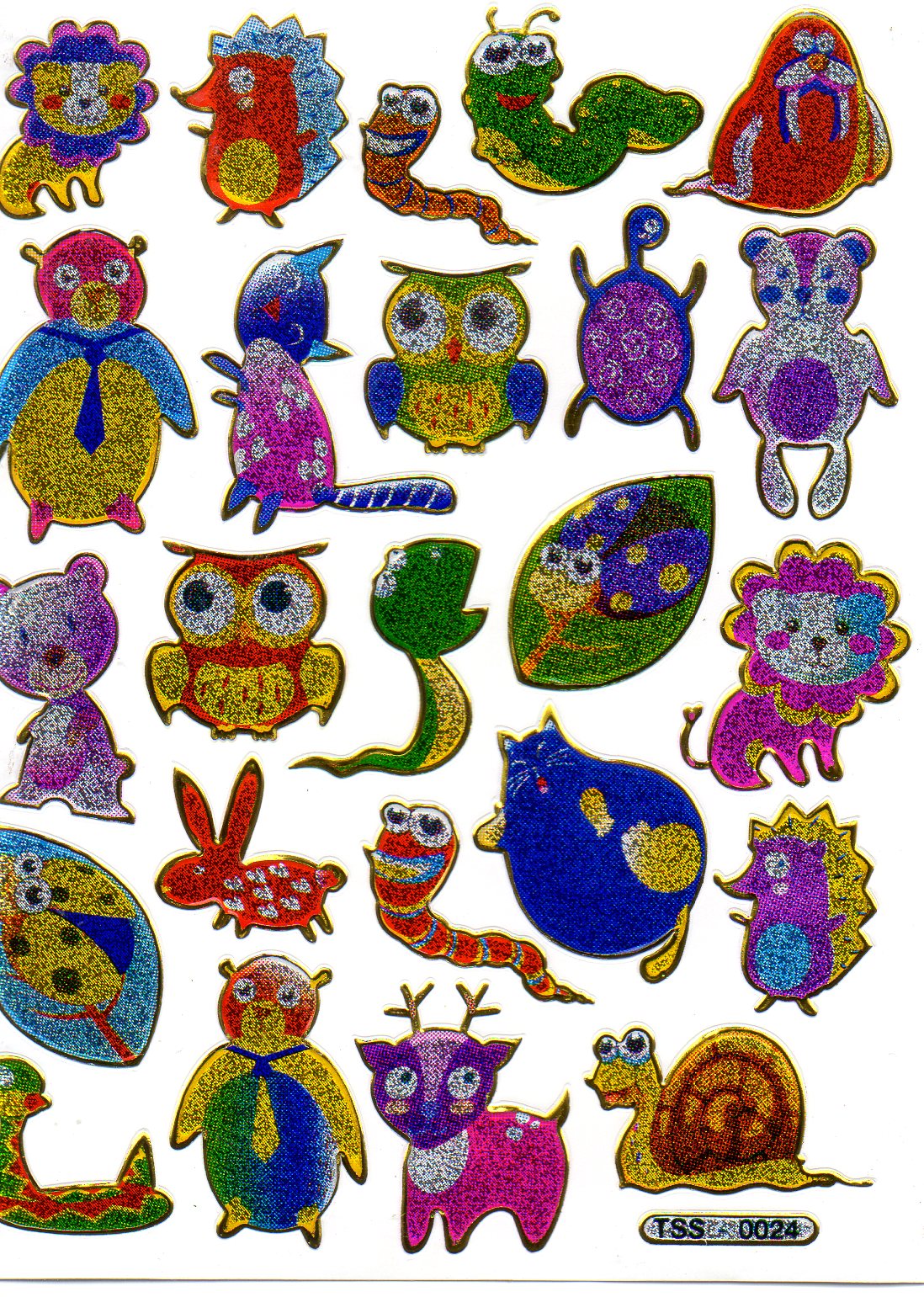 Eule Walroß Schnecke bunt Tiere Aufkleber Sticker metallic Glitzer Effekt Kinder Basteln Kindergarten 1 Bogen 534