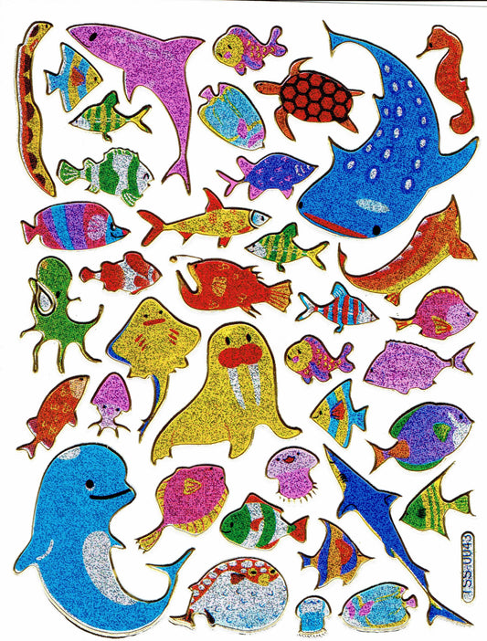 Poisson Poisson créatures marines animaux aquatiques animaux autocollants colorés effet de paillettes métalliques pour enfants artisanat maternelle anniversaire 1 feuille 555