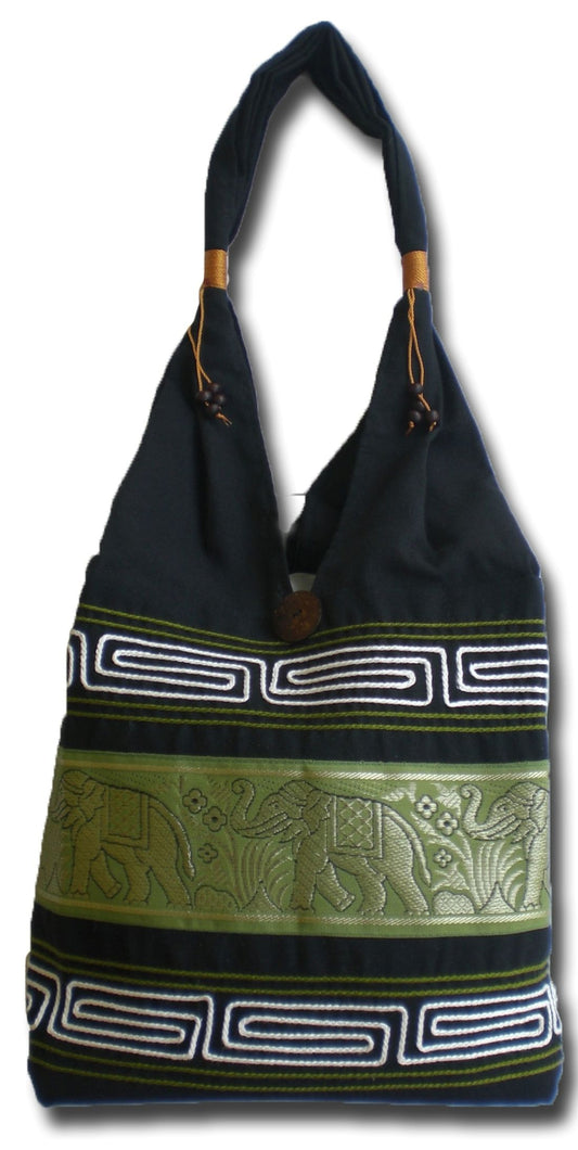 Elephant Cotton Shoulder Bag - Handmade Thai Embroidered Messenger Bag 30 x 27 cm