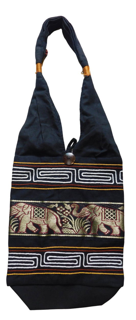 Elephant Cotton Shoulder Bag - Handmade Thai Embroidered Messenger Bag 30 x 27 cm